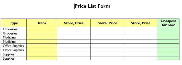 price list form